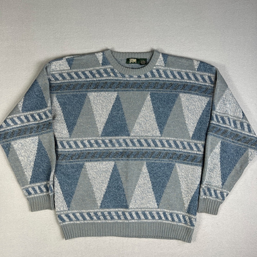 VTG Stefano Geometric Triangle Sweater Mens L Blue Gray White Knit‎ Pullover 80s